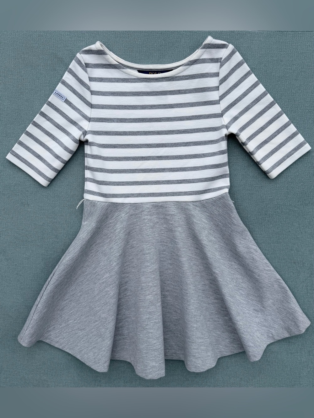 Polo Ralph Lauren Girls Gray & White Striped Ponte Knit Fit-and-Flare Dress